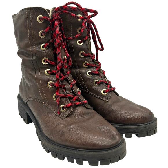 Bar III Brown Faux Leather Combat Boots Size 9 Sherpa Lined Lace-Up Military - Picture 1 of 15